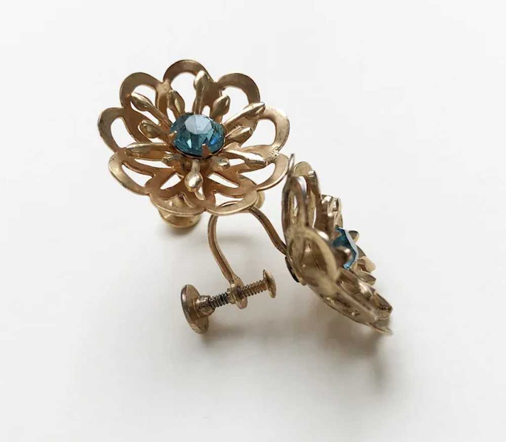 Gold flower earrings clip on, vintage blue crysta… - image 8