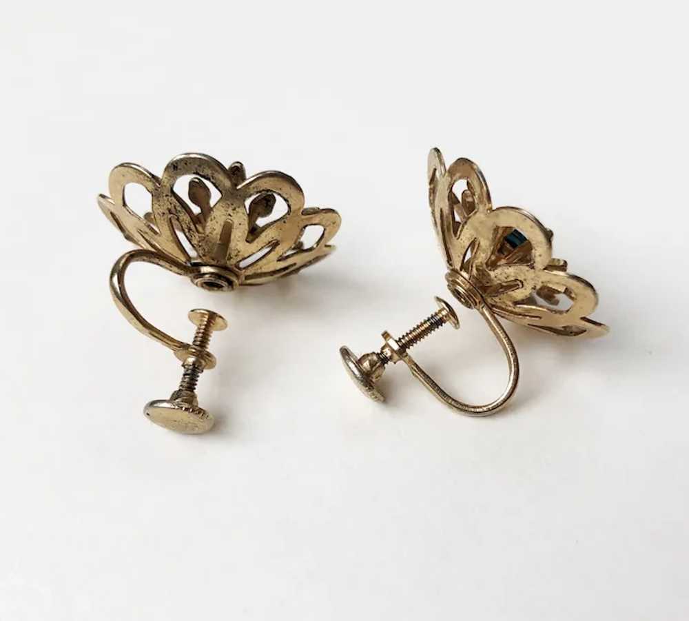 Gold flower earrings clip on, vintage blue crysta… - image 9