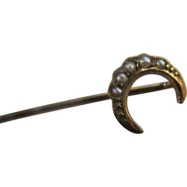 Antique 14K Seed Pearl Crescent Moon Stick Pin - image 1