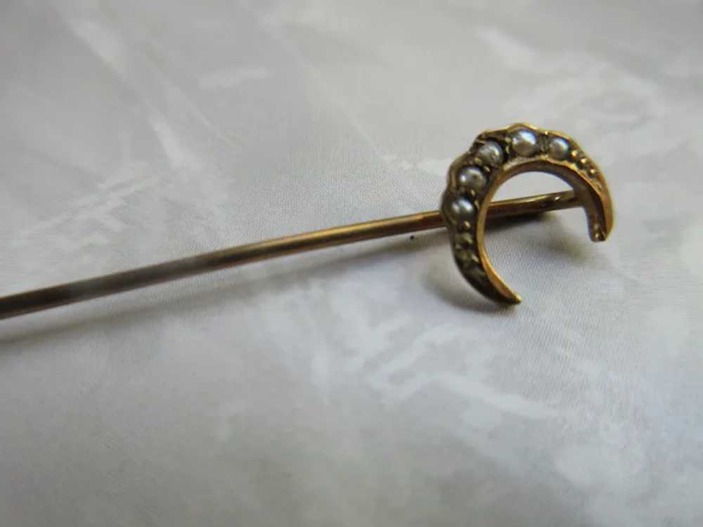 Antique 14K Seed Pearl Crescent Moon Stick Pin - image 2