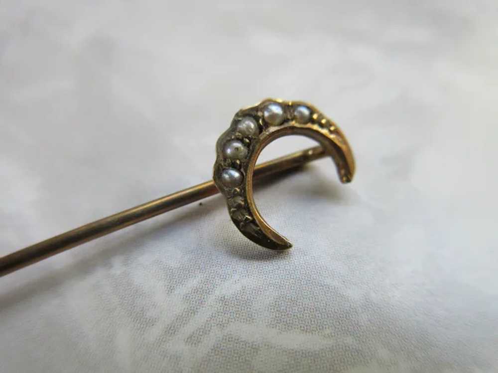 Antique 14K Seed Pearl Crescent Moon Stick Pin - image 3