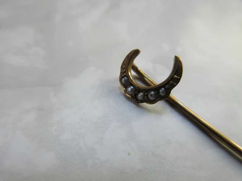 Antique 14K Seed Pearl Crescent Moon Stick Pin - image 4