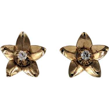 14K Yellow Gold Mid Century Pierced Flower Earrin… - image 1