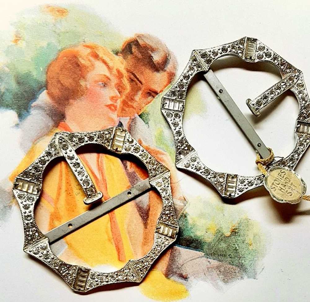 Pair of Antique 1920s Round Jeweled Metal Sash St… - image 2