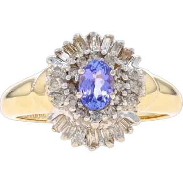 Yellow Gold Tanzanite & Diamond Halo Ring - 14k Ov