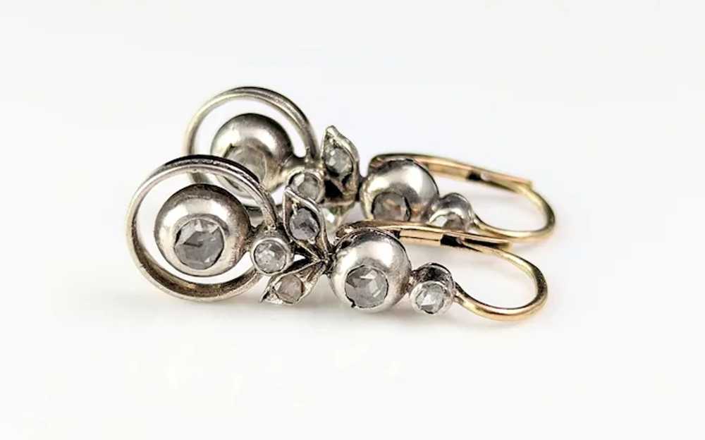 Antique Rose cut diamond flower earrings, 9k gold… - image 11