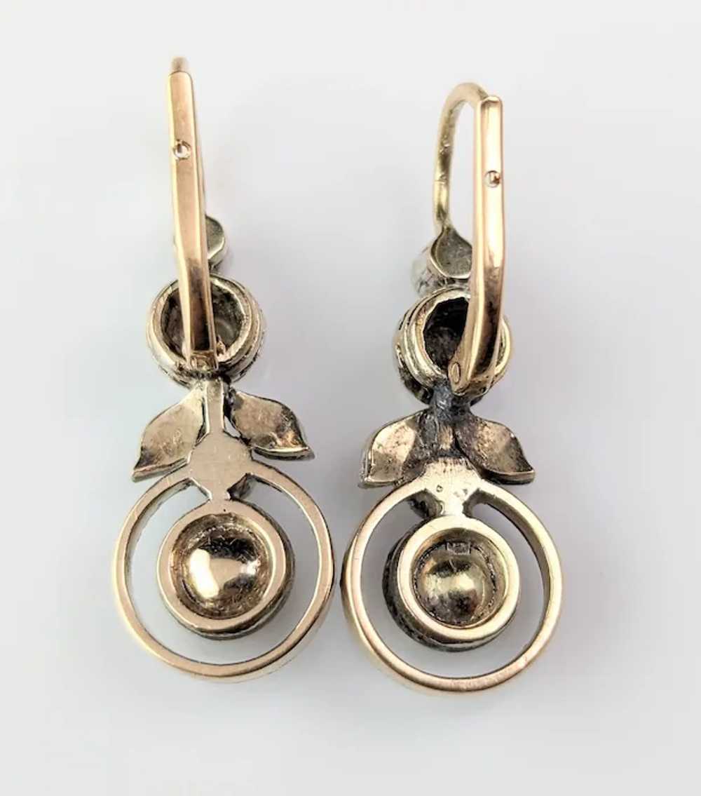 Antique Rose cut diamond flower earrings, 9k gold… - image 12