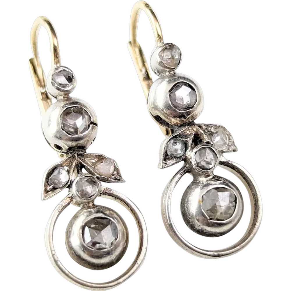 Antique Rose cut diamond flower earrings, 9k gold… - image 1