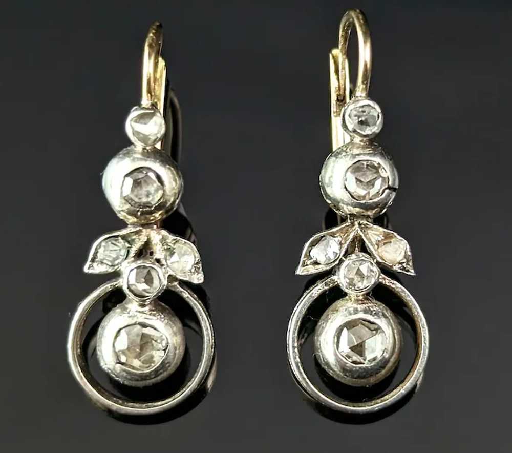 Antique Rose cut diamond flower earrings, 9k gold… - image 2