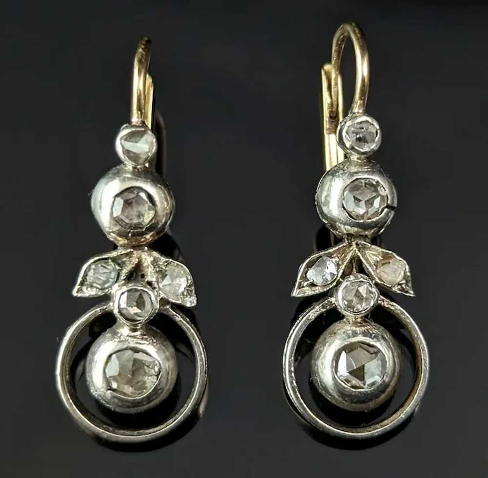 Antique Rose cut diamond flower earrings, 9k gold… - image 3