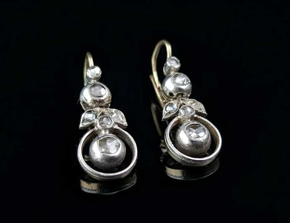 Antique Rose cut diamond flower earrings, 9k gold… - image 4