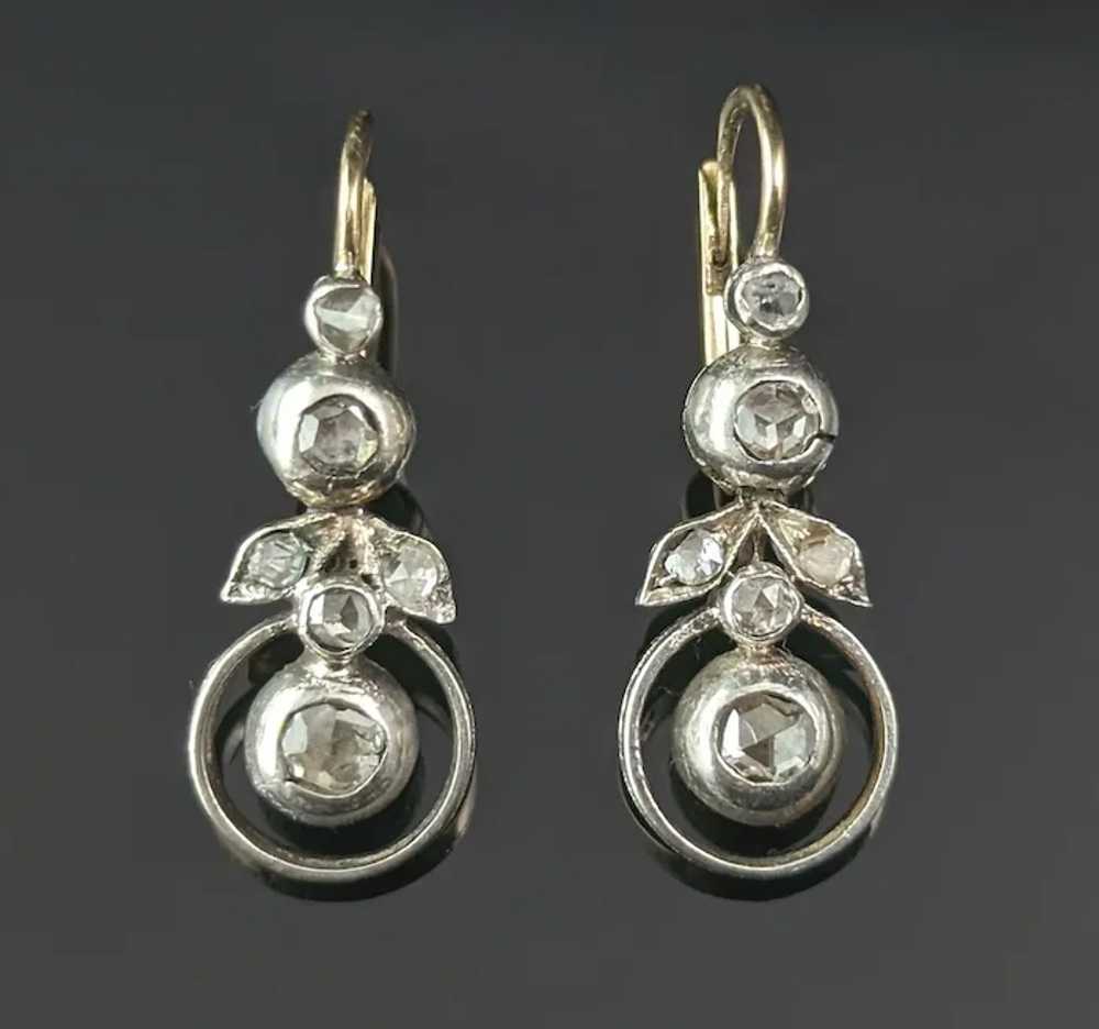 Antique Rose cut diamond flower earrings, 9k gold… - image 5