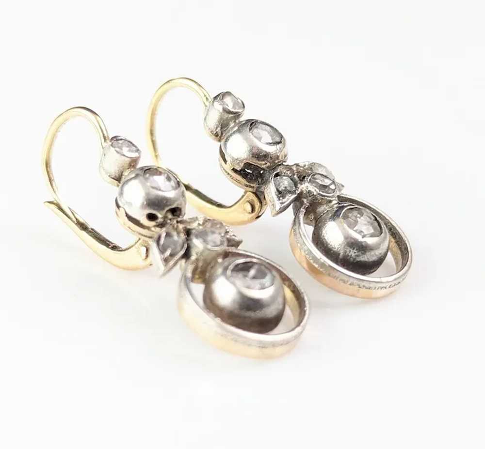 Antique Rose cut diamond flower earrings, 9k gold… - image 6