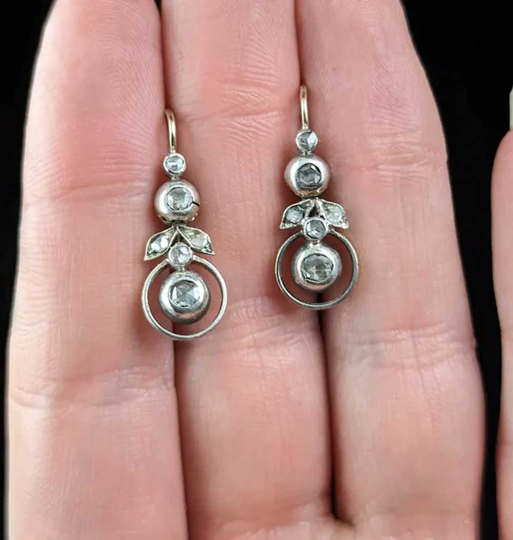Antique Rose cut diamond flower earrings, 9k gold… - image 7