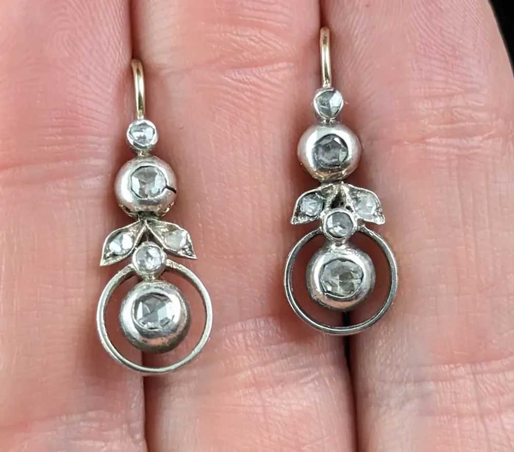 Antique Rose cut diamond flower earrings, 9k gold… - image 8