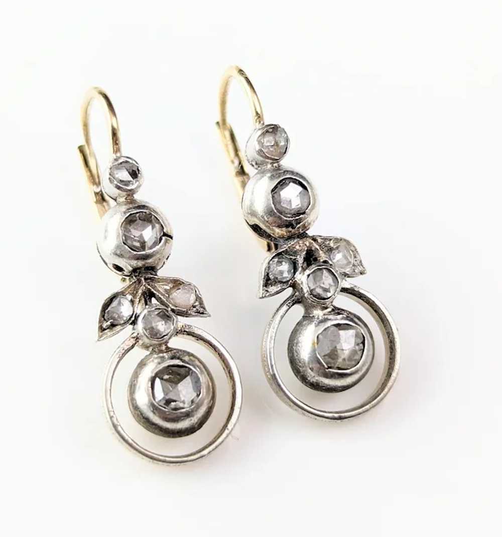Antique Rose cut diamond flower earrings, 9k gold… - image 9