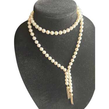 Vintage Pearl Lariat Necklace w/Gold Tassels 7-8mm - image 1