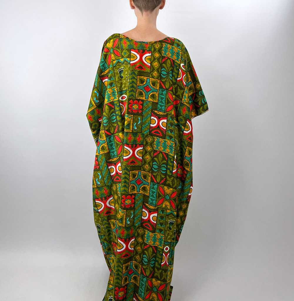 60s Caftan Vintage Batik Tiki Tapa Print Cotton W… - image 6