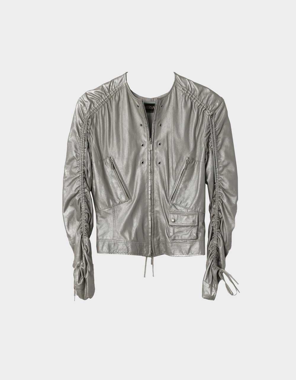 Versace 2000s Silver Lace Up Biker Jacket - image 1
