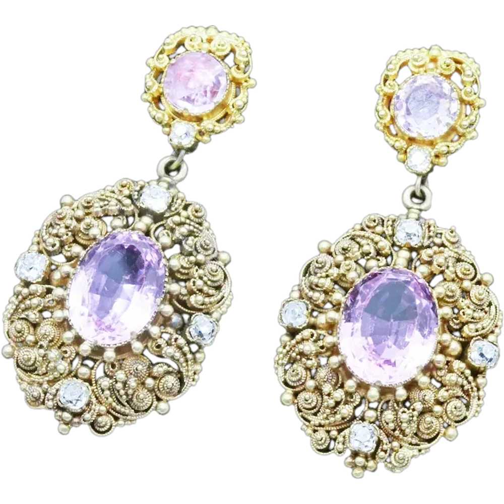 Antique Victorian Earrings Cannetille Pink Topaz … - image 1