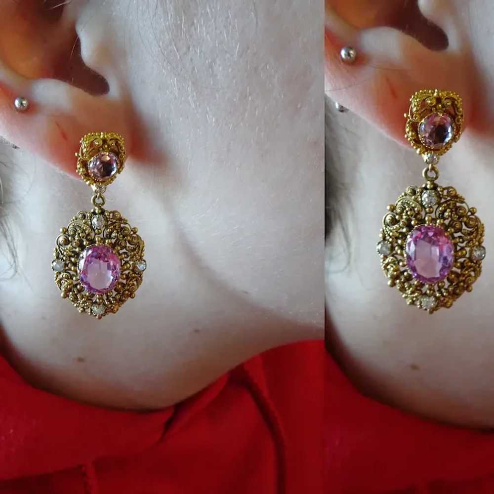 Antique Victorian Earrings Cannetille Pink Topaz … - image 6