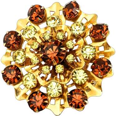 Brown And Orange Rhinestone Round Floral Brooch - image 1