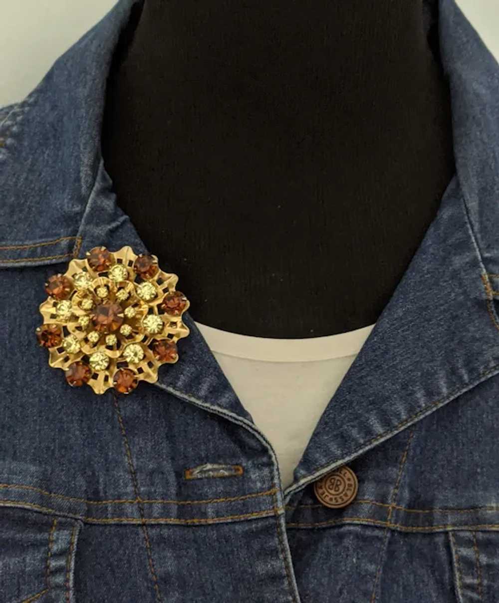 Brown And Orange Rhinestone Round Floral Brooch - image 2