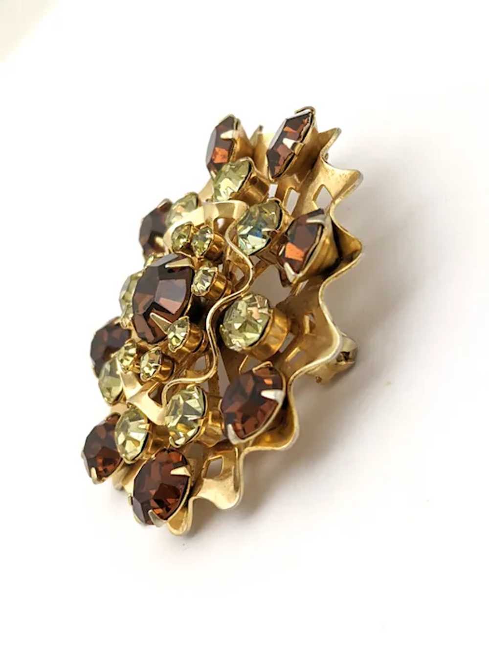 Brown And Orange Rhinestone Round Floral Brooch - image 4