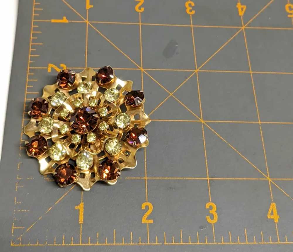 Brown And Orange Rhinestone Round Floral Brooch - image 6