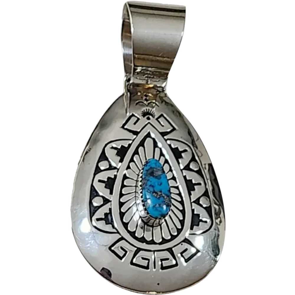 Navajo Signed Sterling Silver and Turquoise Penda… - image 1