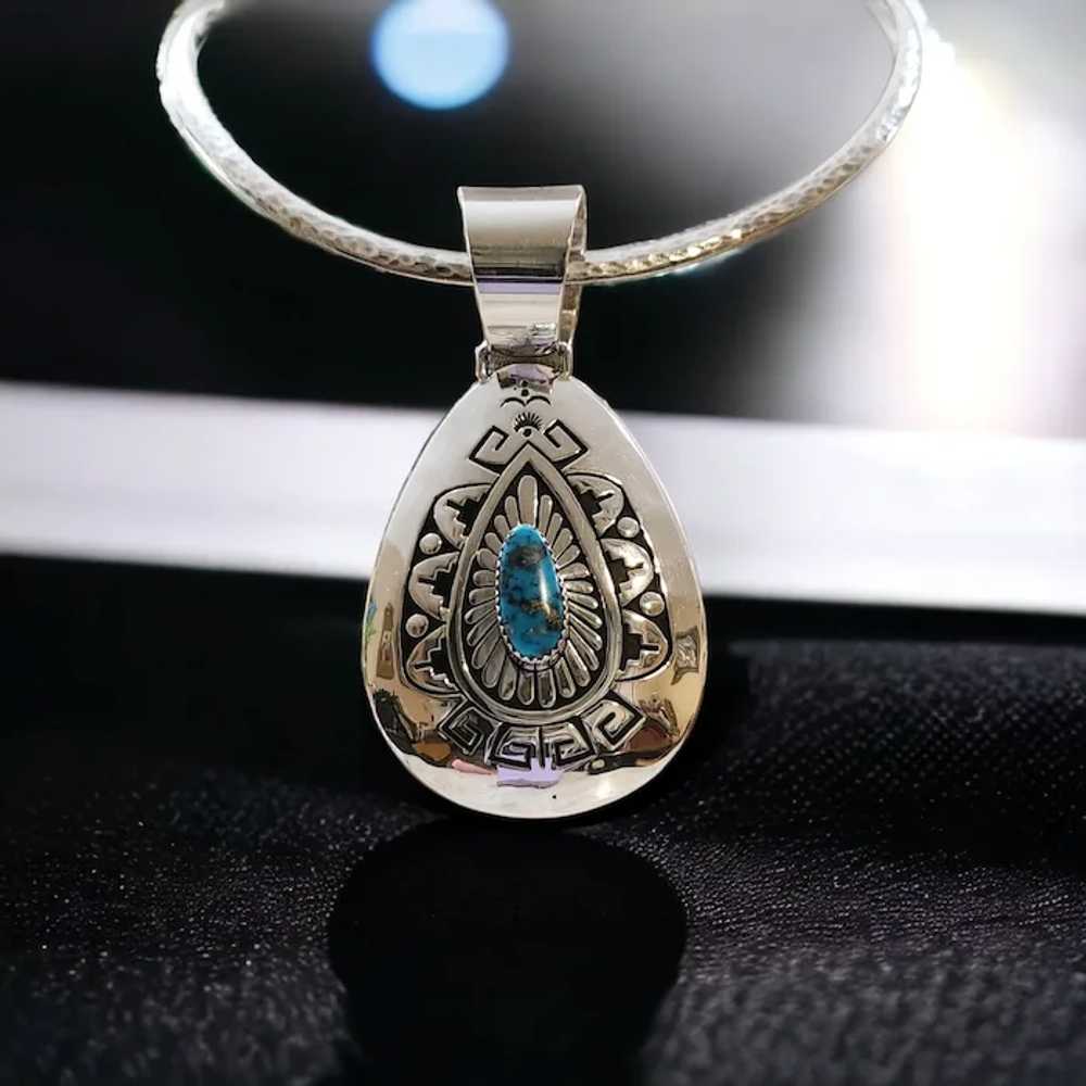 Navajo Signed Sterling Silver and Turquoise Penda… - image 2