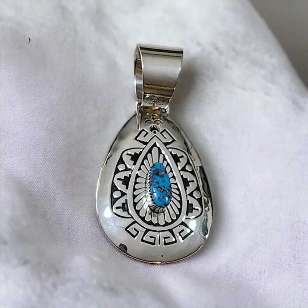 Navajo Signed Sterling Silver and Turquoise Penda… - image 3