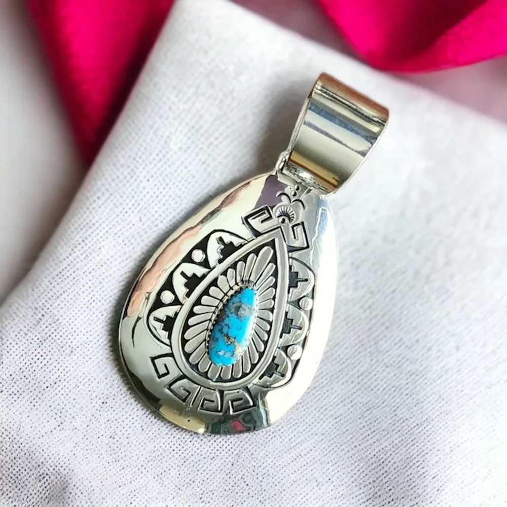 Navajo Signed Sterling Silver and Turquoise Penda… - image 8