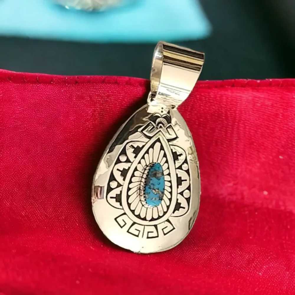 Navajo Signed Sterling Silver and Turquoise Penda… - image 9