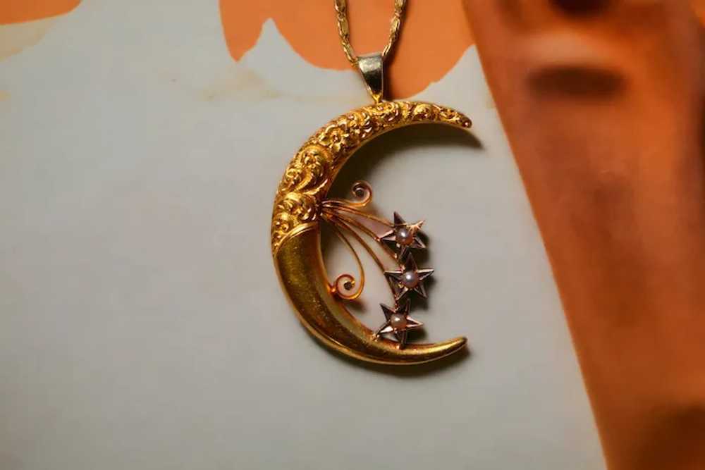 Art Nouveau Era Crescent Pendant with Seed Pearls - image 2