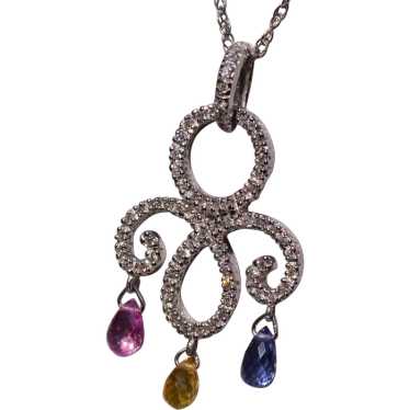Multi Color Sapphire and Diamond Dangler Necklace