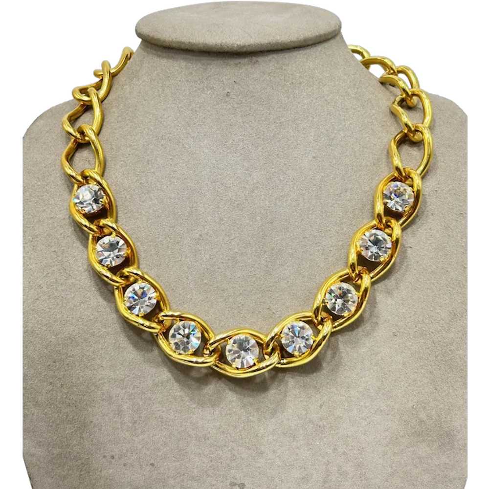 Vintage Gold Tone Chain Necklace With Clear Rhine… - image 1