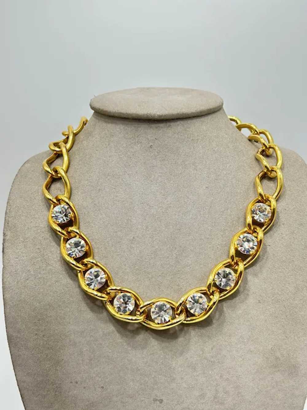 Vintage Gold Tone Chain Necklace With Clear Rhine… - image 2