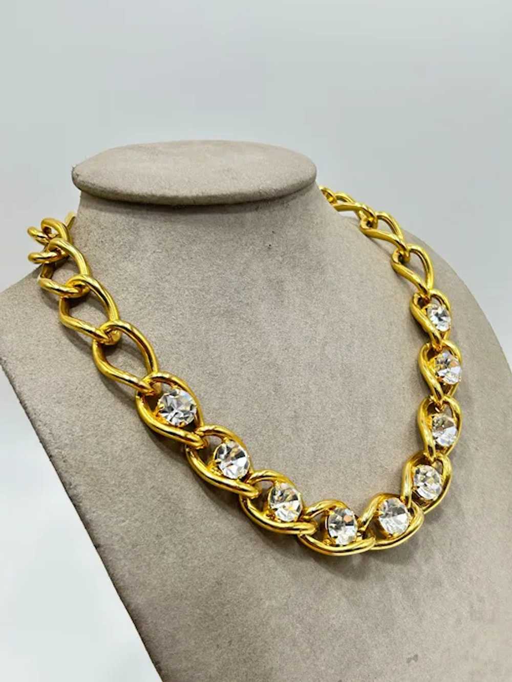 Vintage Gold Tone Chain Necklace With Clear Rhine… - image 3