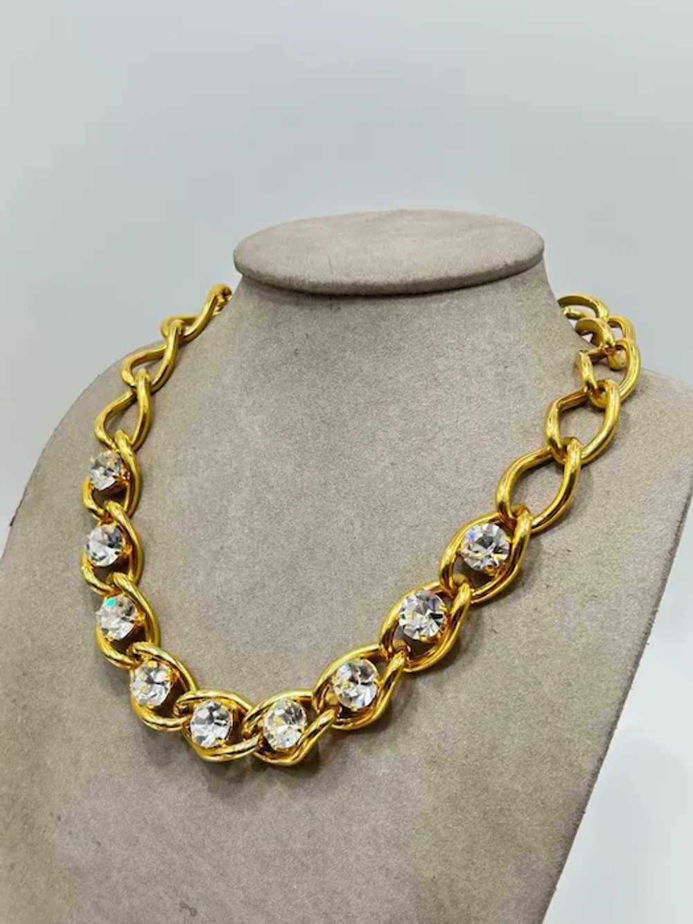 Vintage Gold Tone Chain Necklace With Clear Rhine… - image 4