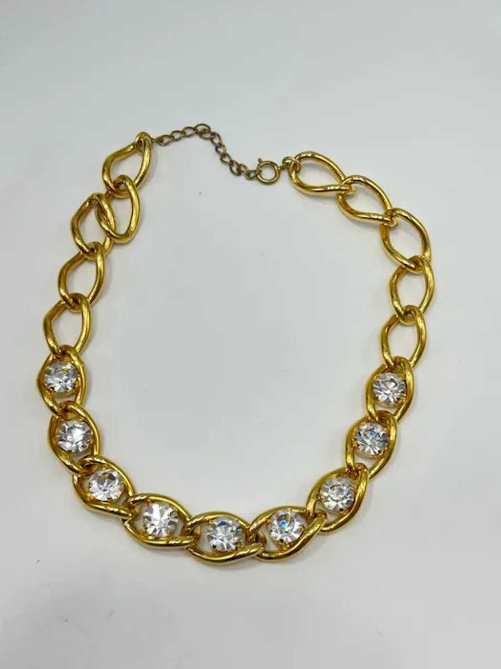 Vintage Gold Tone Chain Necklace With Clear Rhine… - image 5