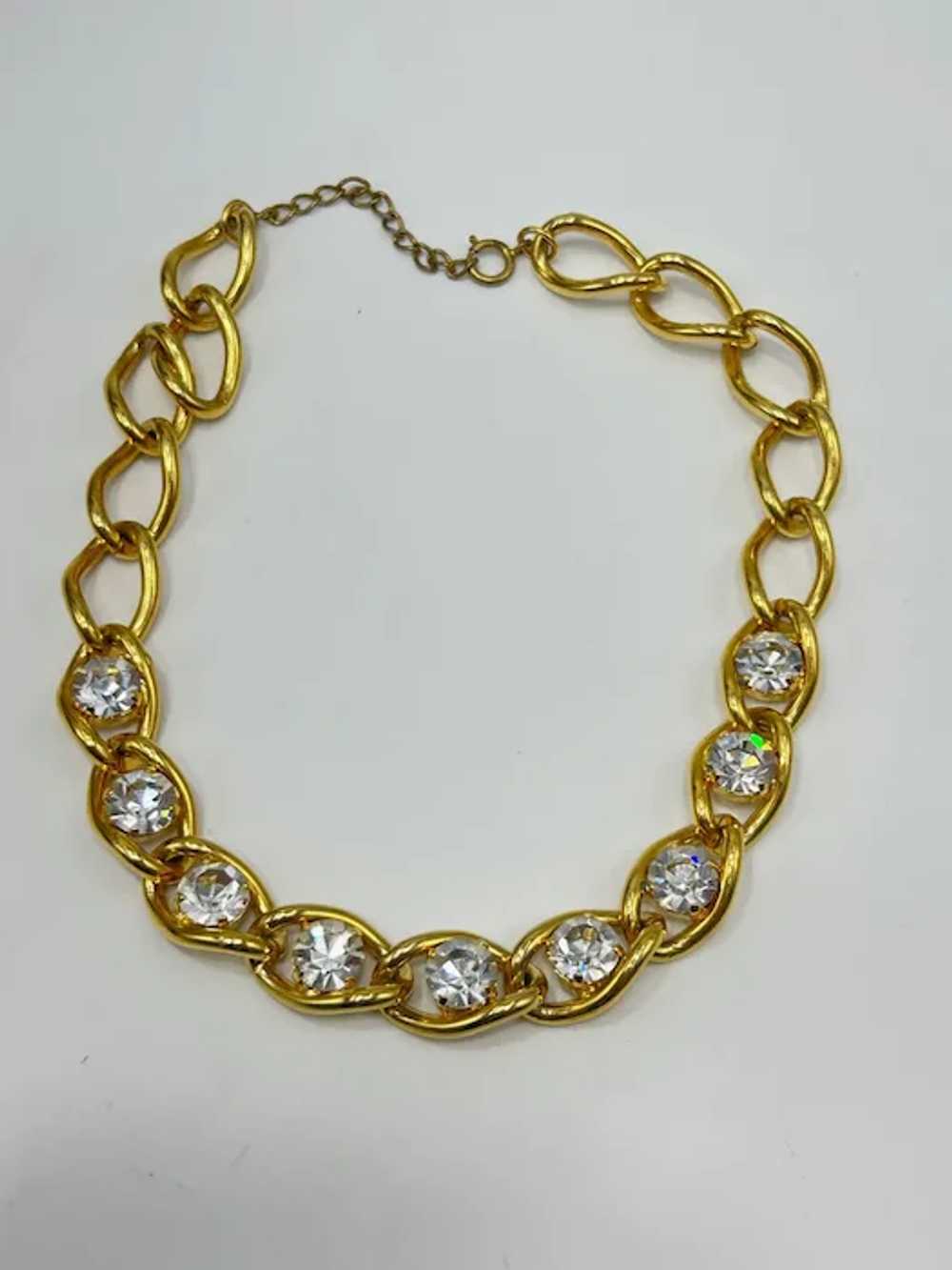 Vintage Gold Tone Chain Necklace With Clear Rhine… - image 6