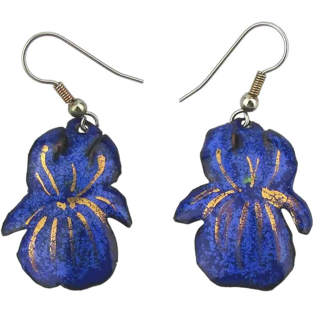 Royal Blue Enamel Flower Dangle Earrings - image 1