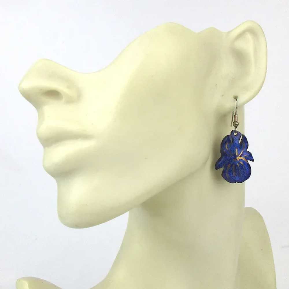 Royal Blue Enamel Flower Dangle Earrings - image 2