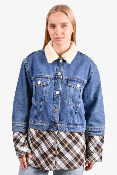 Maje Denim/Plaid Print Jacket with Removable Shear