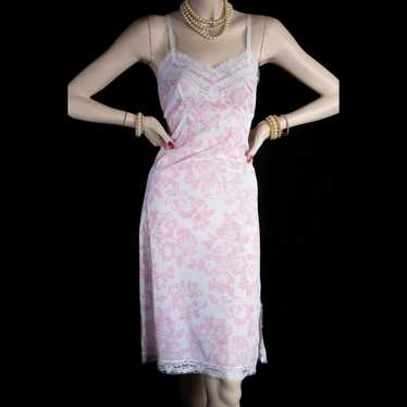 Vintage 60s 70s SHEER Black Full Slip Dress PERLON Pink Floral Pattern Lace  Underdress 