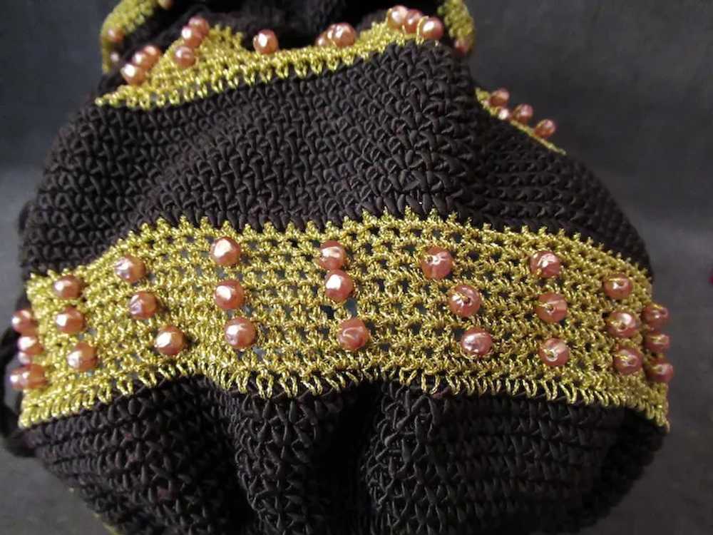 Mid Century, Gold & Brown Crocheted Drawstring Ha… - image 2