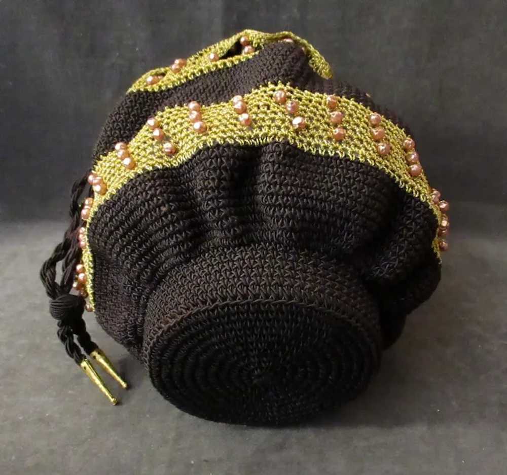 Mid Century, Gold & Brown Crocheted Drawstring Ha… - image 3