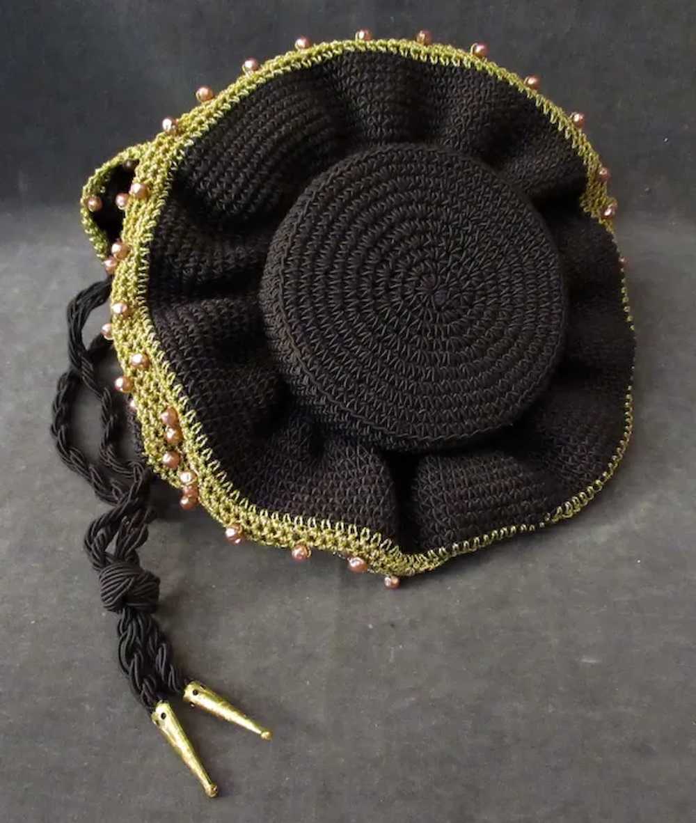 Mid Century, Gold & Brown Crocheted Drawstring Ha… - image 4