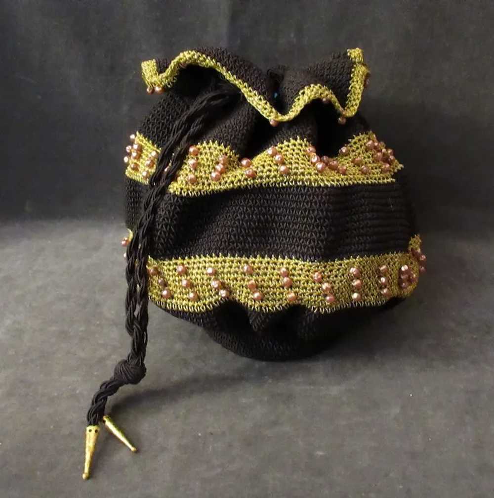 Mid Century, Gold & Brown Crocheted Drawstring Ha… - image 7